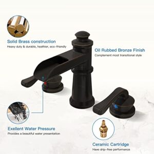 BWE Waterfall Widespread Bathroom Faucet 3 Hole Sink Farmhouse with Oil Rubbed Bronze Bath Bathtub Faucets Pop Up Drain Stopper Assembly and Supply Line Lead-Free 8-16 Inch 2 Handle Vanity Lavatory