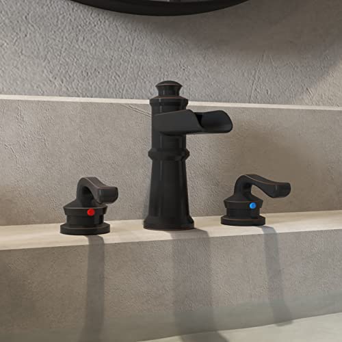 BWE Waterfall Widespread Bathroom Faucet 3 Hole Sink Farmhouse with Oil Rubbed Bronze Bath Bathtub Faucets Pop Up Drain Stopper Assembly and Supply Line Lead-Free 8-16 Inch 2 Handle Vanity Lavatory