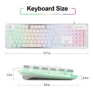 LANGTU Membrane Gaming Keyboard, Rainbow LED Backlit Quiet Keyboard for Office, USB Wired All-Metal Panel 25 Keys Anti-ghosting Computer Keyboard 104 Keys - L1 White/Silver…