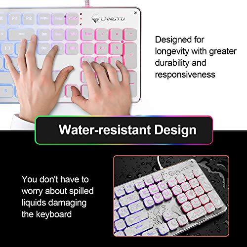 LANGTU Membrane Gaming Keyboard, Rainbow LED Backlit Quiet Keyboard for Office, USB Wired All-Metal Panel 25 Keys Anti-ghosting Computer Keyboard 104 Keys - L1 White/Silver…