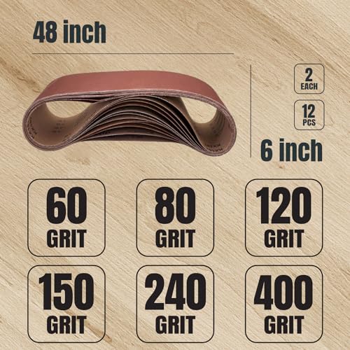 POWERTEC 6 x 48 Inch Sanding Belts, 2 Each of 60/80/ 120/150/240/400 Grits, 12PK,Aluminum Oxide Belt Sander Sanding Belt Assortment for Bench Belt Sander,Wood & Paint Sanding,Metal Polishing (110167)