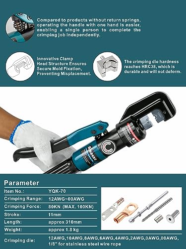 Hand Operated Hydraulic Crimping Tool Range 12 AWG-2/0 AWG for Cable Lugs Hydraulic Crimping Crimper Wire Terminal Lug Tool with 9 Pairs of Dies