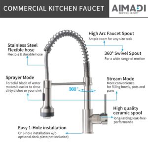 AIMADI Modern Kitchen Faucet Pull Down Sprayer,Stainless Steel Single Handle Kitchen Sink Faucet with LED Light,Brushed Nickel