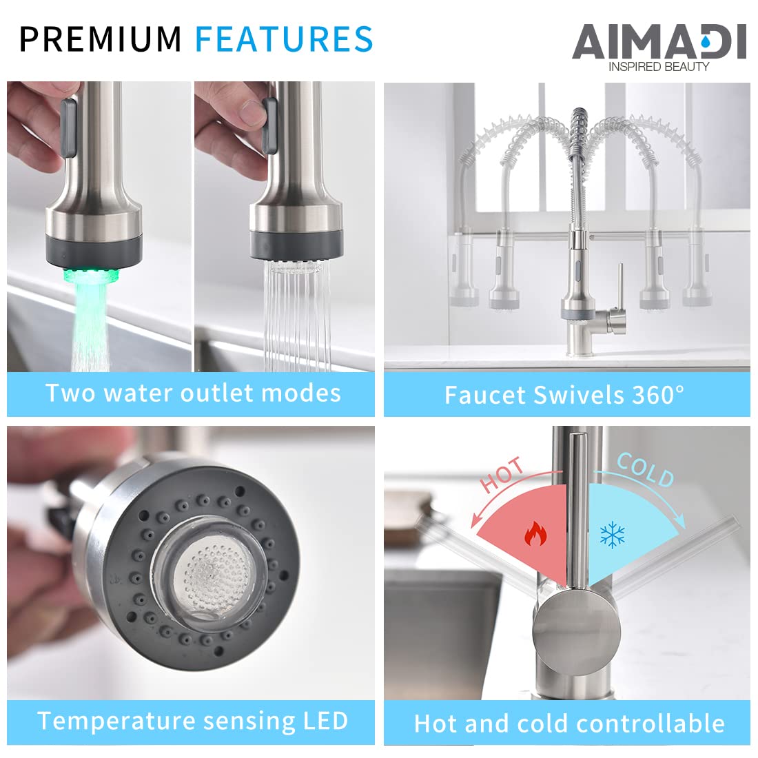 AIMADI Modern Kitchen Faucet Pull Down Sprayer,Stainless Steel Single Handle Kitchen Sink Faucet with LED Light,Brushed Nickel