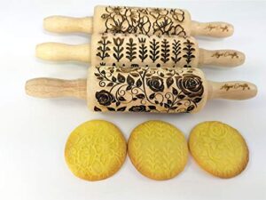 garden blossoms 3 small size embossed rolling pin set. wooden laser engraved embossing dough roller for embossed cookies gift for birthday, easter, christmas by algis crafts