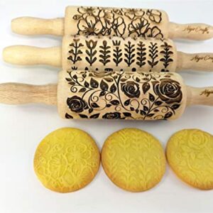 GARDEN BLOSSOMS 3 Small Size Embossed Rolling Pin Set. Wooden Laser Engraved Embossing Dough Roller for Embossed Cookies Gift for Birthday, Easter, Christmas by Algis Crafts