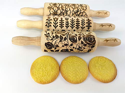 GARDEN BLOSSOMS 3 Small Size Embossed Rolling Pin Set. Wooden Laser Engraved Embossing Dough Roller for Embossed Cookies Gift for Birthday, Easter, Christmas by Algis Crafts