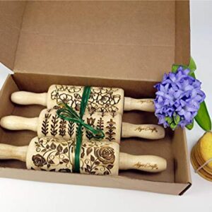 GARDEN BLOSSOMS 3 Small Size Embossed Rolling Pin Set. Wooden Laser Engraved Embossing Dough Roller for Embossed Cookies Gift for Birthday, Easter, Christmas by Algis Crafts