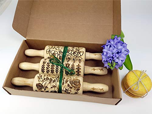 GARDEN BLOSSOMS 3 Small Size Embossed Rolling Pin Set. Wooden Laser Engraved Embossing Dough Roller for Embossed Cookies Gift for Birthday, Easter, Christmas by Algis Crafts