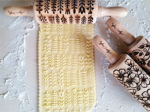 GARDEN BLOSSOMS 3 Small Size Embossed Rolling Pin Set. Wooden Laser Engraved Embossing Dough Roller for Embossed Cookies Gift for Birthday, Easter, Christmas by Algis Crafts