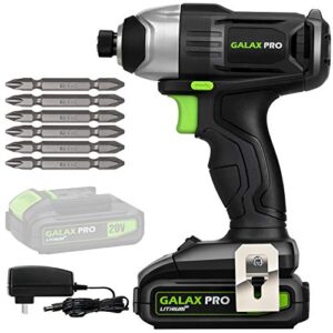 galax pro impact driver 20 v lithium ion 1/4" hex cordless driver with led work light, 6 pieces screwdriver bits, variable speed (0-2800 rpm)- 1.3 ah battery and charger included