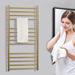 BILLY'S HOME Wall-Mounted Towel Warmer, Luxury Electric Heated Towel Drying Rack with 14 Bars, 43.3 × 20.5 × 4.9 inch, 304 Stainless Steel Gold for Bathroom (HARDWIRING)