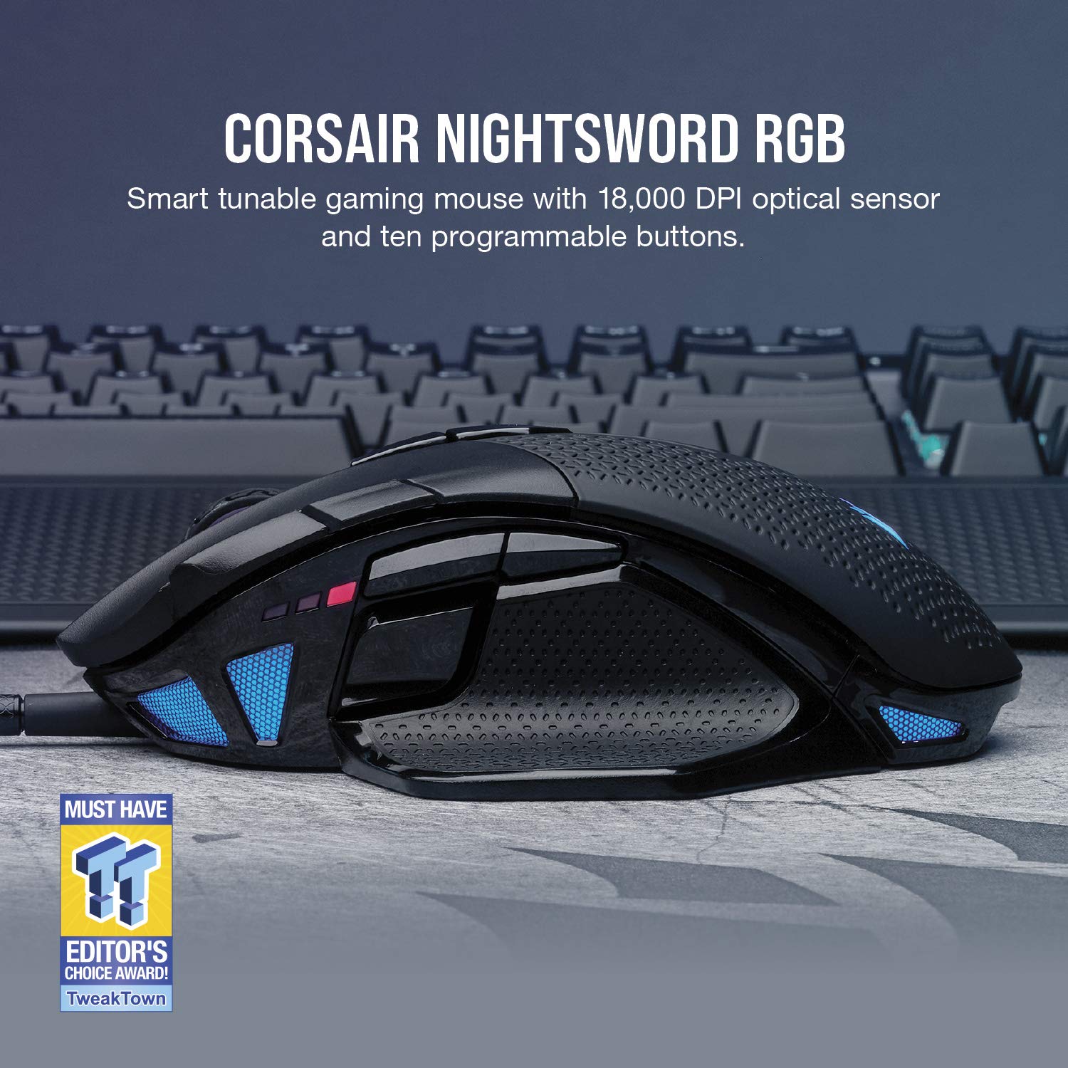 CORSAIR NIGHTSWORD RGB Gaming Mouse For FPS, MOBA - 18,000 DPI - 10 Programmable Buttons - Weight System - iCUE Compatible - Black