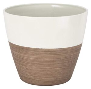 rocky mountain goods planter pot - round durable resin 8” pot - uv coated finish to prevent fading - modern look flower pot for patio, porch, outdoor or indoor (8", ivory/wood)