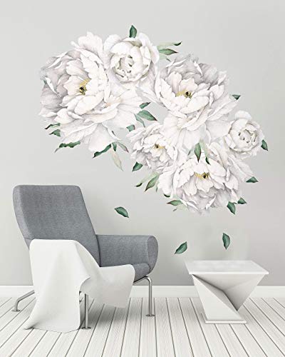 Murwall White Peony Wall Stickers Floral Decals for Bethroom Kitchen