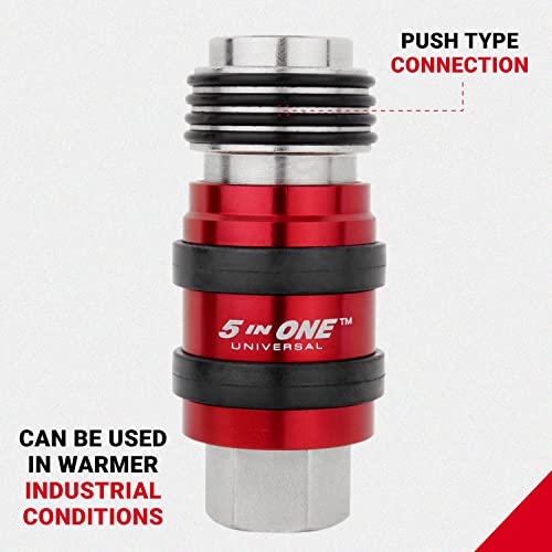 Milton 5 In ONE Universal Quick Connect Industrial Coupler, 1/4" Female NPT, Air Hose Connection, Safety Exhaust Coupler, Single, Red (S-1750)