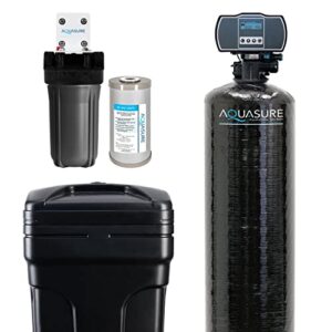 aquasure harmony series 64,000 grains whole house water softener bundle with automatic digital metered control head and triple purpose sediment/gac/zinc pre-filters, reduces hardness (4-6 bathrooms)