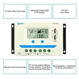 EPEVER 60A Solar Charge Controller 12V/24V, 60 amp Solar Regulator with Load Timer, Max 720W/12V, 1440W/24V Input, Dual USB 5V, fit for Lead-Acid Batteries