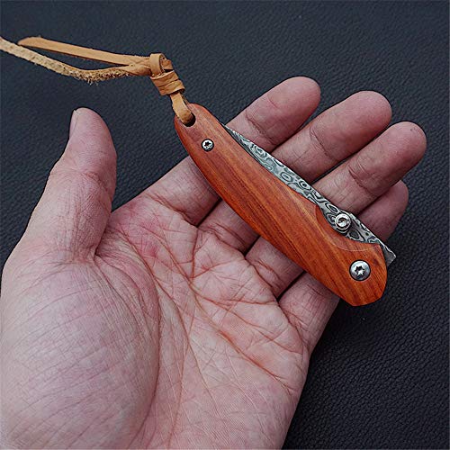 KUNSON Folding Pocket Knife 2.6” Damascus Steel Blade and Natural Classic Red Sandalwood Handle Design, Outdoor EDC Portable Carry Keychain Knife