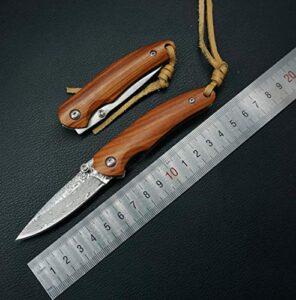 kunson folding pocket knife 2.6” damascus steel blade and natural classic red sandalwood handle design, outdoor edc portable carry keychain knife