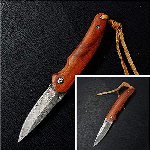 KUNSON Folding Pocket Knife 2.6” Damascus Steel Blade and Natural Classic Red Sandalwood Handle Design, Outdoor EDC Portable Carry Keychain Knife