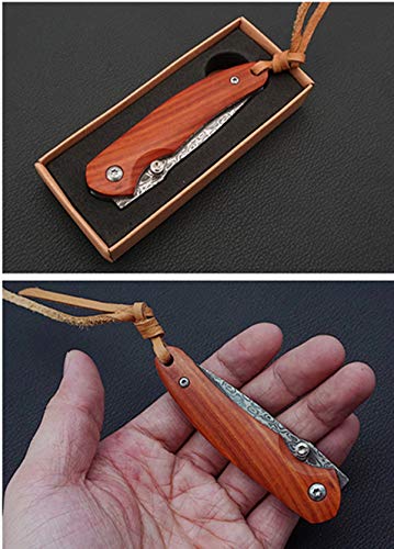 KUNSON Folding Pocket Knife 2.6” Damascus Steel Blade and Natural Classic Red Sandalwood Handle Design, Outdoor EDC Portable Carry Keychain Knife