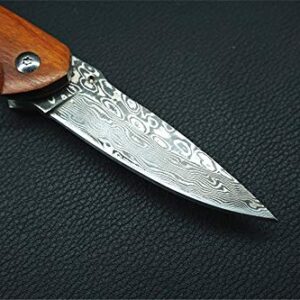 KUNSON Folding Pocket Knife 2.6” Damascus Steel Blade and Natural Classic Red Sandalwood Handle Design, Outdoor EDC Portable Carry Keychain Knife