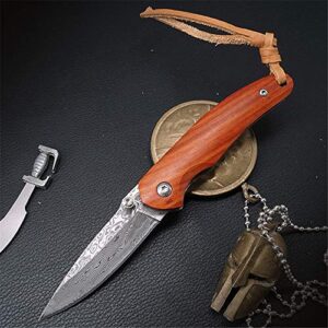 KUNSON Folding Pocket Knife 2.6” Damascus Steel Blade and Natural Classic Red Sandalwood Handle Design, Outdoor EDC Portable Carry Keychain Knife