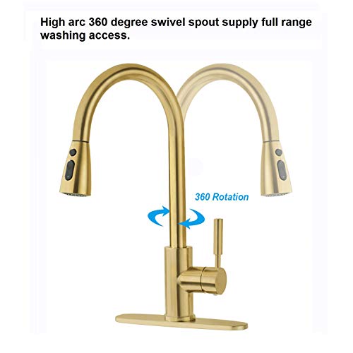 Fonveth Kitchen Faucet,Brushed Gold Kitchen Faucet with Pull Down Sprayer, Single Handle High Arc Pull Out Kitchen Sink Faucet, Single Hole Kitchen Faucet with Deck Plate，Upgrade Brushed Brass