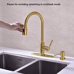 Fonveth Kitchen Faucet,Brushed Gold Kitchen Faucet with Pull Down Sprayer, Single Handle High Arc Pull Out Kitchen Sink Faucet, Single Hole Kitchen Faucet with Deck Plate，Upgrade Brushed Brass