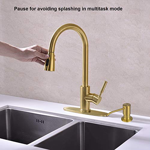 Fonveth Kitchen Faucet,Brushed Gold Kitchen Faucet with Pull Down Sprayer, Single Handle High Arc Pull Out Kitchen Sink Faucet, Single Hole Kitchen Faucet with Deck Plate，Upgrade Brushed Brass