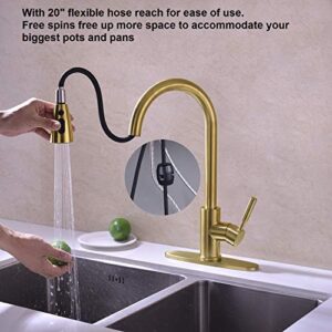 Fonveth Kitchen Faucet,Brushed Gold Kitchen Faucet with Pull Down Sprayer, Single Handle High Arc Pull Out Kitchen Sink Faucet, Single Hole Kitchen Faucet with Deck Plate，Upgrade Brushed Brass