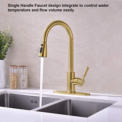 Fonveth Kitchen Faucet,Brushed Gold Kitchen Faucet with Pull Down Sprayer, Single Handle High Arc Pull Out Kitchen Sink Faucet, Single Hole Kitchen Faucet with Deck Plate，Upgrade Brushed Brass