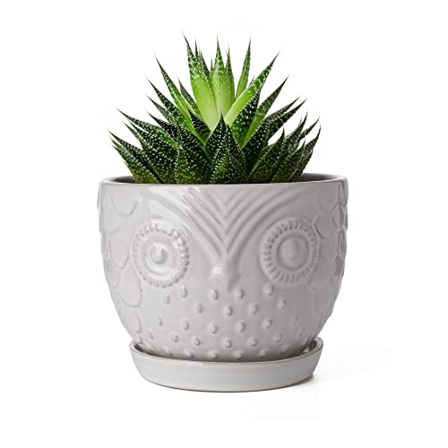 Greenaholics Owl Planters Ceramic Animal Plant Pots- 6.1 Inch White Succulents Aloe Planter Indoor Large Animal Flower Pots with Attached Tray and Drainage Hole for Cactus Snake Plant Decorative Gifts