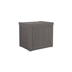 suncast 22-gallon small deck box - lightweight resin indoor/outdoor storage container and seat for patio cushions and gardening tools - store items on patio, garage, yard - stone gray