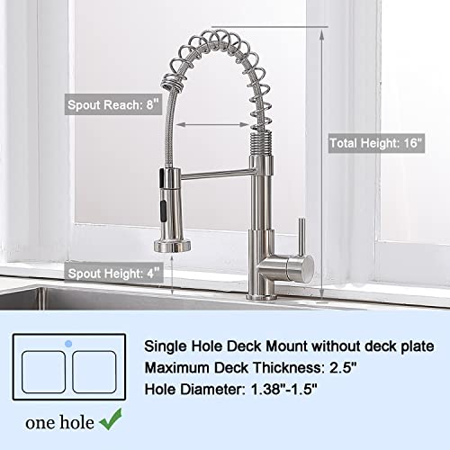 SHACO Commercial Brushed Nickel Kitchen Faucet with Pull Down Sprayer, Modern Stainless Steel Single Handle Spring Kitchen Faucets for Farmhouse Outdoor RV Camper Laundry Prep Wet Bar Sink 1 Hole