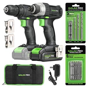 galax pro cordless drill driver/impact driver with 1pcs 1.3ah lithium-ion batteries, charger kit, 11pcs accessories and tool bag