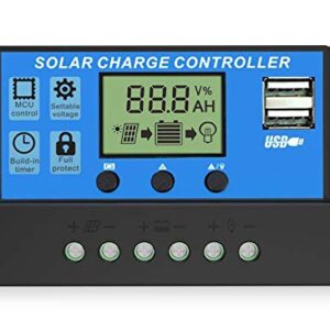 EEEKit 20A Solar Charge Controller, 12V/24V Solar Panel Battery Intelligent Regulator with Dual USB Port PWM Auto Parameter Timer Setting Adjustable LCD Display, Blue