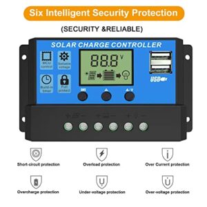 EEEKit 20A Solar Charge Controller, 12V/24V Solar Panel Battery Intelligent Regulator with Dual USB Port PWM Auto Parameter Timer Setting Adjustable LCD Display, Blue