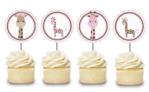 pink giraffe cupcake toppers 12 pcs, girl cake picks birthday decoration, party supplies, wild animal baby shower