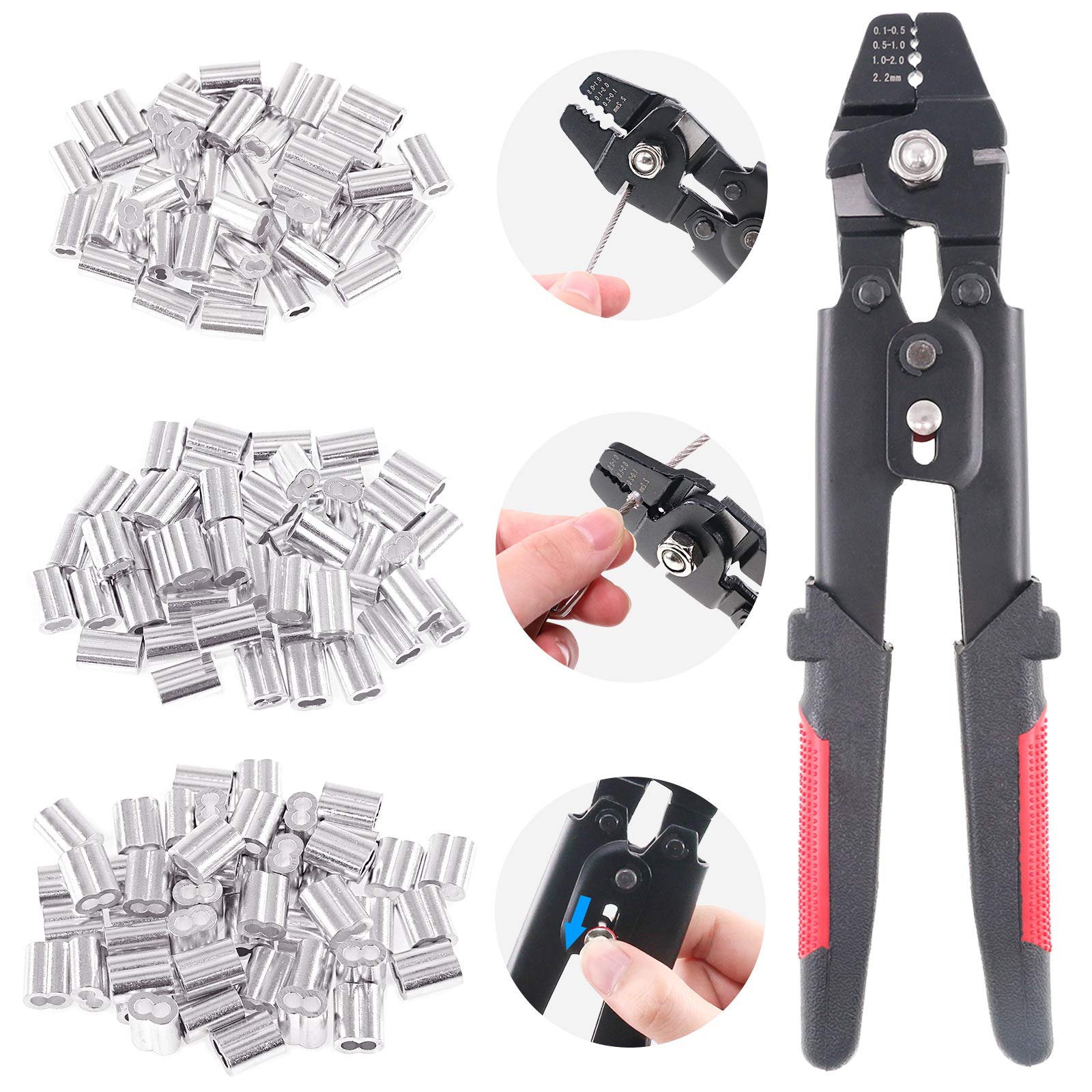 Glarks Up To 2.2mm Wire Rope Crimping Tool Wire Rope Swager Crimper Fishing Crimping Tool With 180Pcs 1.2/1.5/2mm Aluminum Double Barrel Ferrule Crimping Loop Sleeve Kit