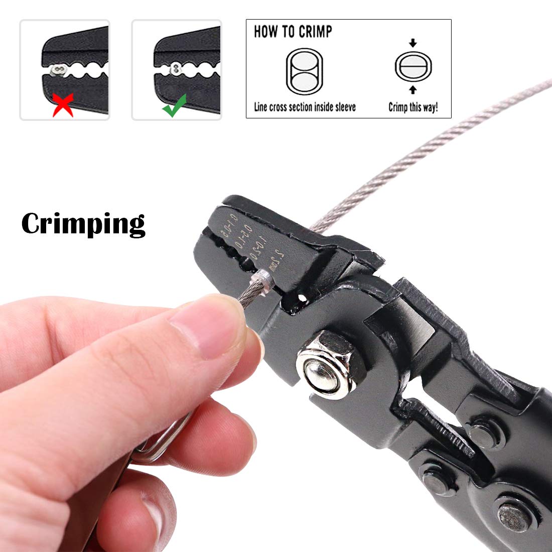 Glarks Up To 2.2mm Wire Rope Crimping Tool Wire Rope Swager Crimper Fishing Crimping Tool With 180Pcs 1.2/1.5/2mm Aluminum Double Barrel Ferrule Crimping Loop Sleeve Kit