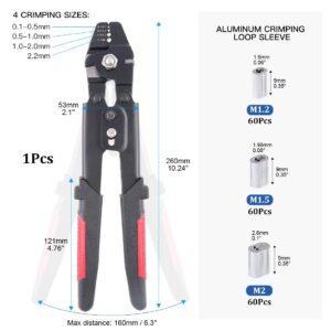 Glarks Up To 2.2mm Wire Rope Crimping Tool Wire Rope Swager Crimper Fishing Crimping Tool With 180Pcs 1.2/1.5/2mm Aluminum Double Barrel Ferrule Crimping Loop Sleeve Kit