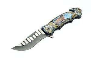 se spring assisted clip point folding knife with howling wolf design - kfd20024-2