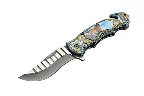 SE Spring Assisted Clip Point Folding Knife with Howling Wolf Design - KFD20024-2