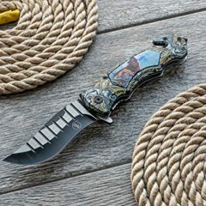 SE Spring Assisted Clip Point Folding Knife with Howling Wolf Design - KFD20024-2