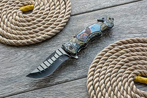 SE Spring Assisted Clip Point Folding Knife with Howling Wolf Design - KFD20024-2