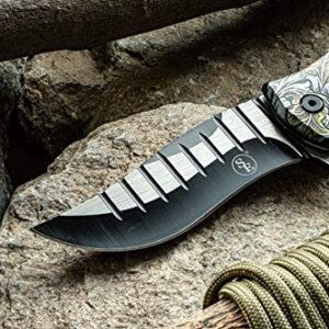SE Spring Assisted Clip Point Folding Knife with Howling Wolf Design - KFD20024-2
