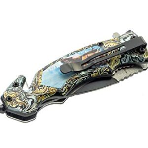 SE Spring Assisted Clip Point Folding Knife with Howling Wolf Design - KFD20024-2