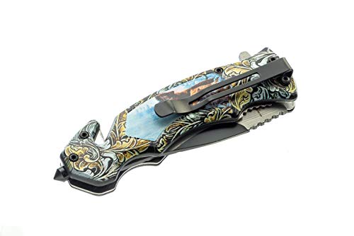 SE Spring Assisted Clip Point Folding Knife with Howling Wolf Design - KFD20024-2